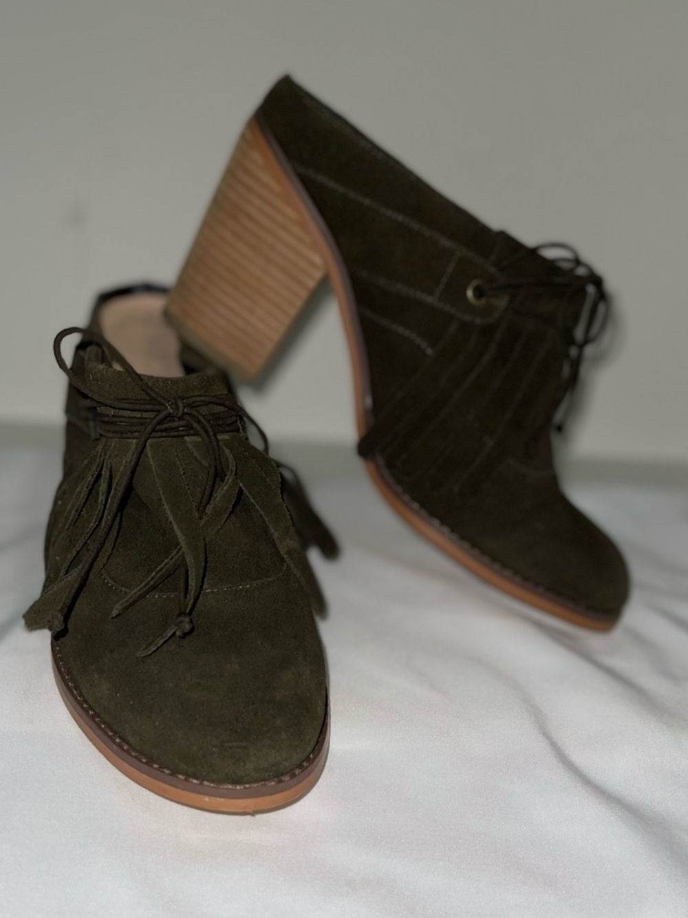 Sole Society Olive Suede Lace-Up Block Heel Mules